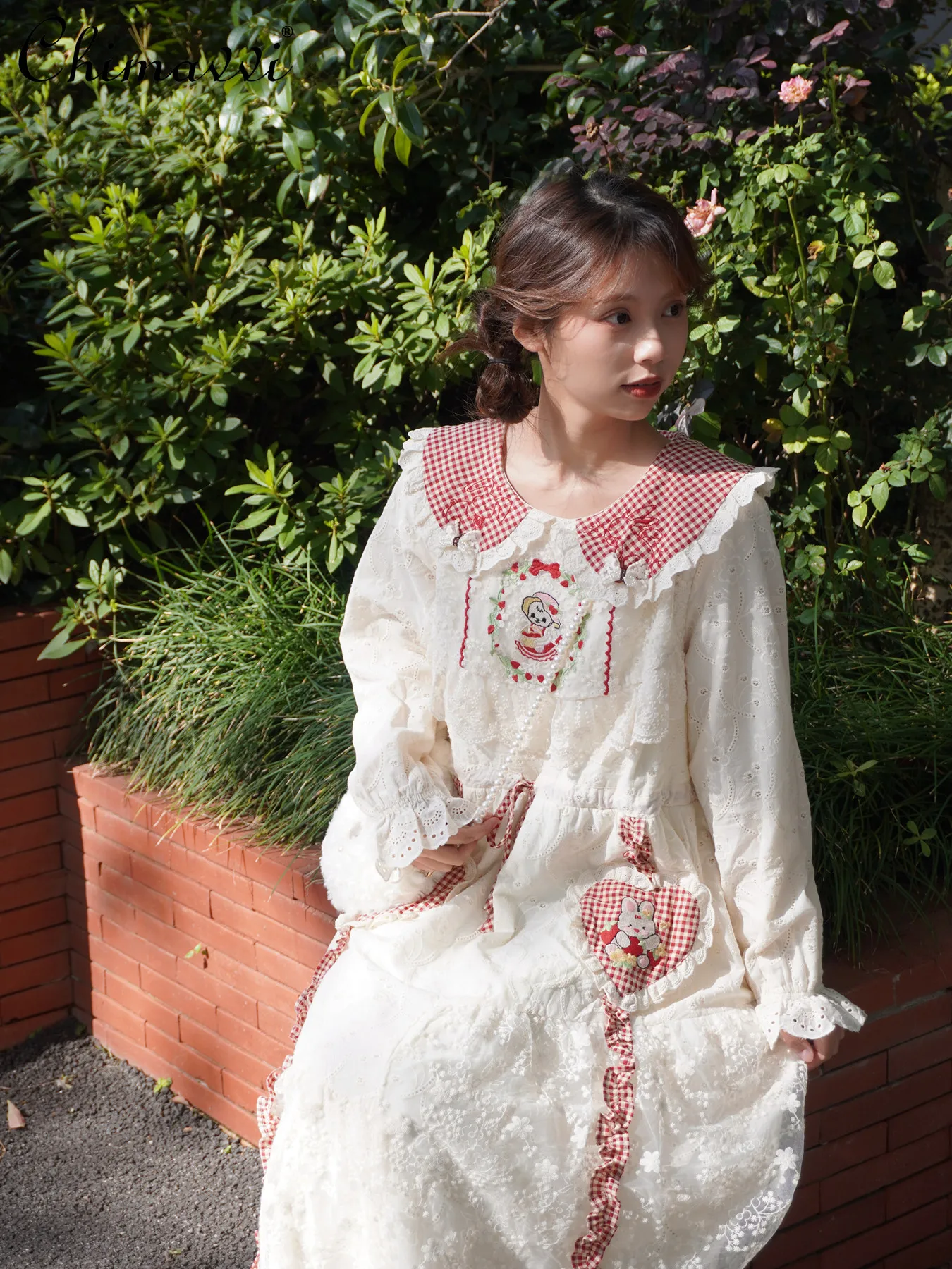 

New Fashion Fleece-Lined Thickened Red Plaid Embroidered Doll Collar Lace Fairy Dress Sweet Girl Elegant Mid-Length Dress