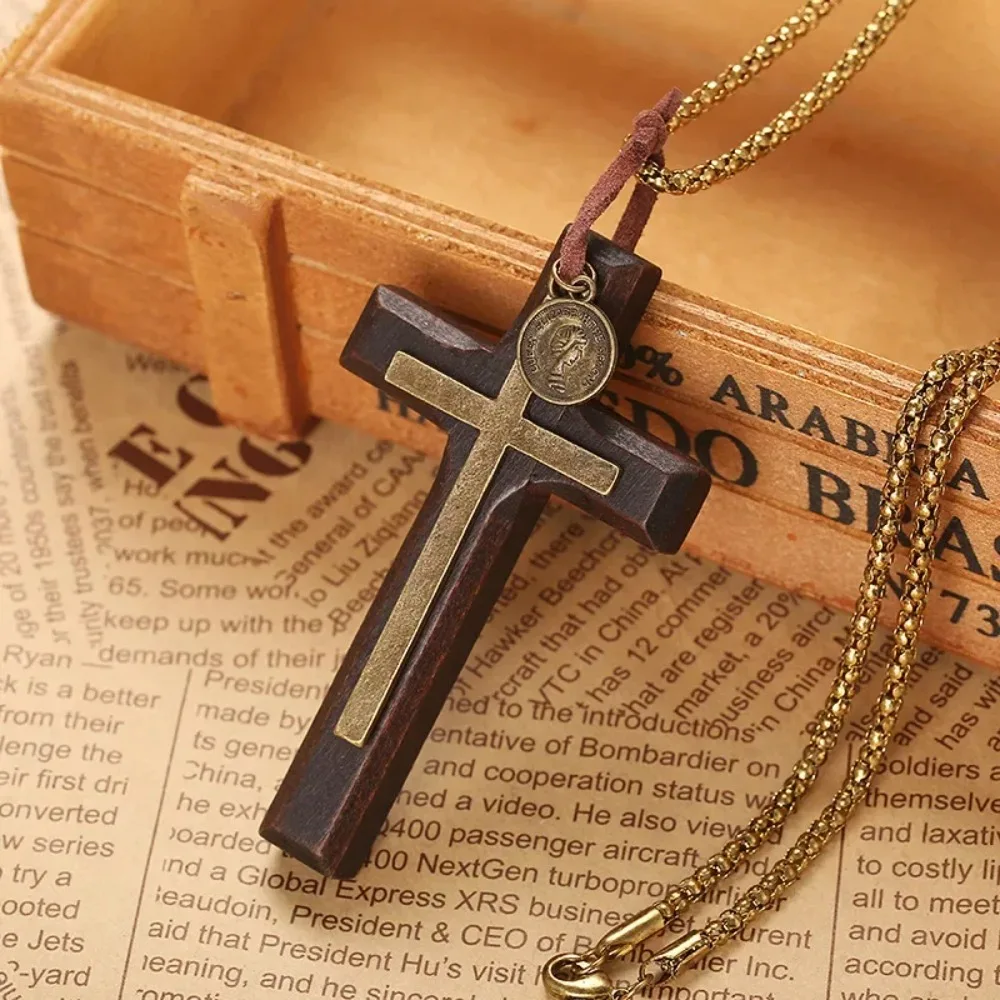 Retro Double-Layer Head Coin Wood Cross Necklace Pendants for Men Long Chain  Wooden Jewelry
