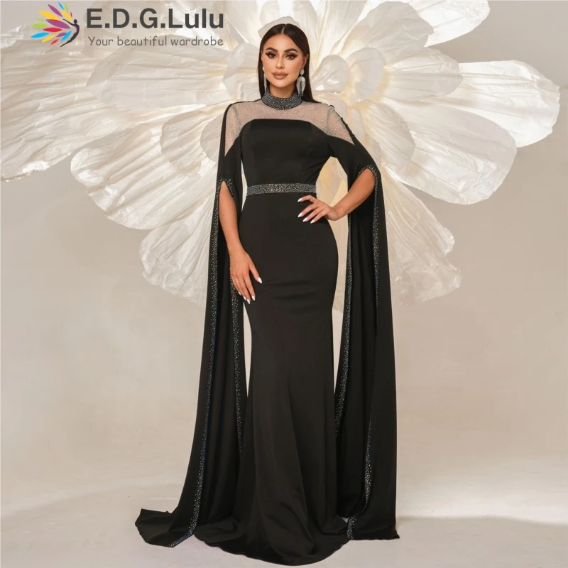 

EDGLuLu Design Ultra Long Sleeves Elegant Formal Evening Dresses Women 2024 O Neck Hot Stamping Black Long Mermaid Dresses 0918