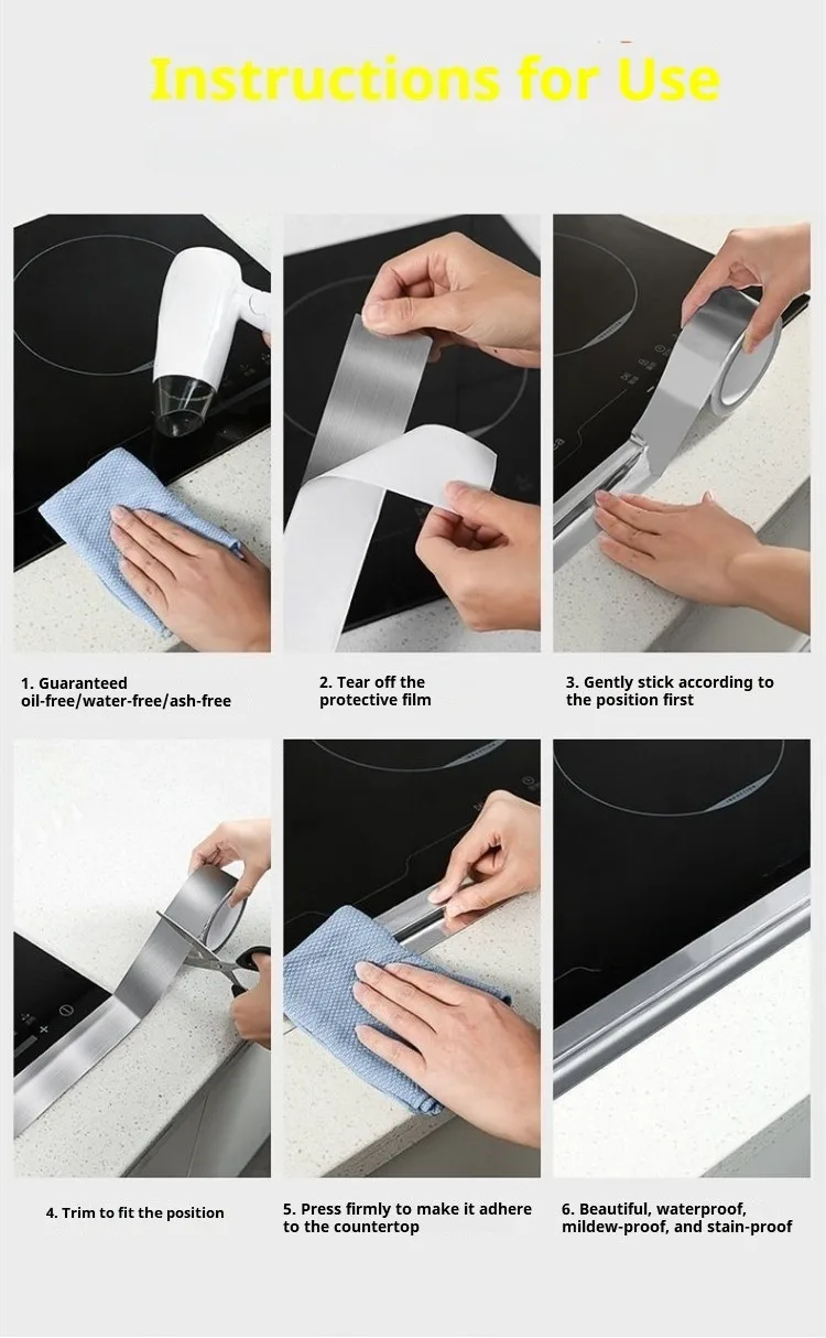 Aluminiumfolienband, 5–10 m, wasserdicht, ölbeständig, selbstklebend, für Küche, Herd, Spüle, Spaltabdichtungsstreifen, hitzebeständig, für Arbeitsplattenkanten – Detail 11