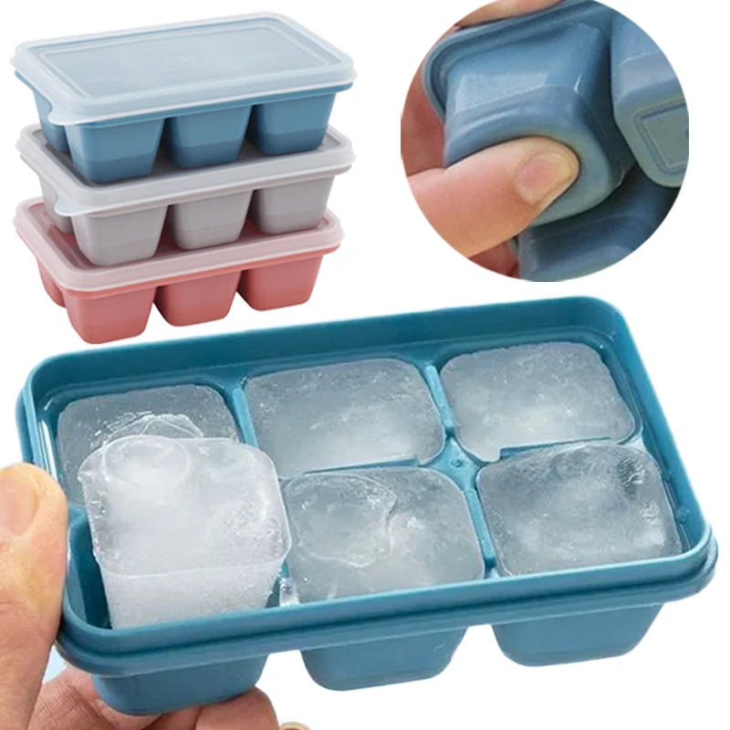 6 Grids Ice Tray Mold Food Grade Soft Silicone Ice Cube Mould Ice Cream Ice Blocks Makers DIY Homemade Cold Drink Kitchen Tools