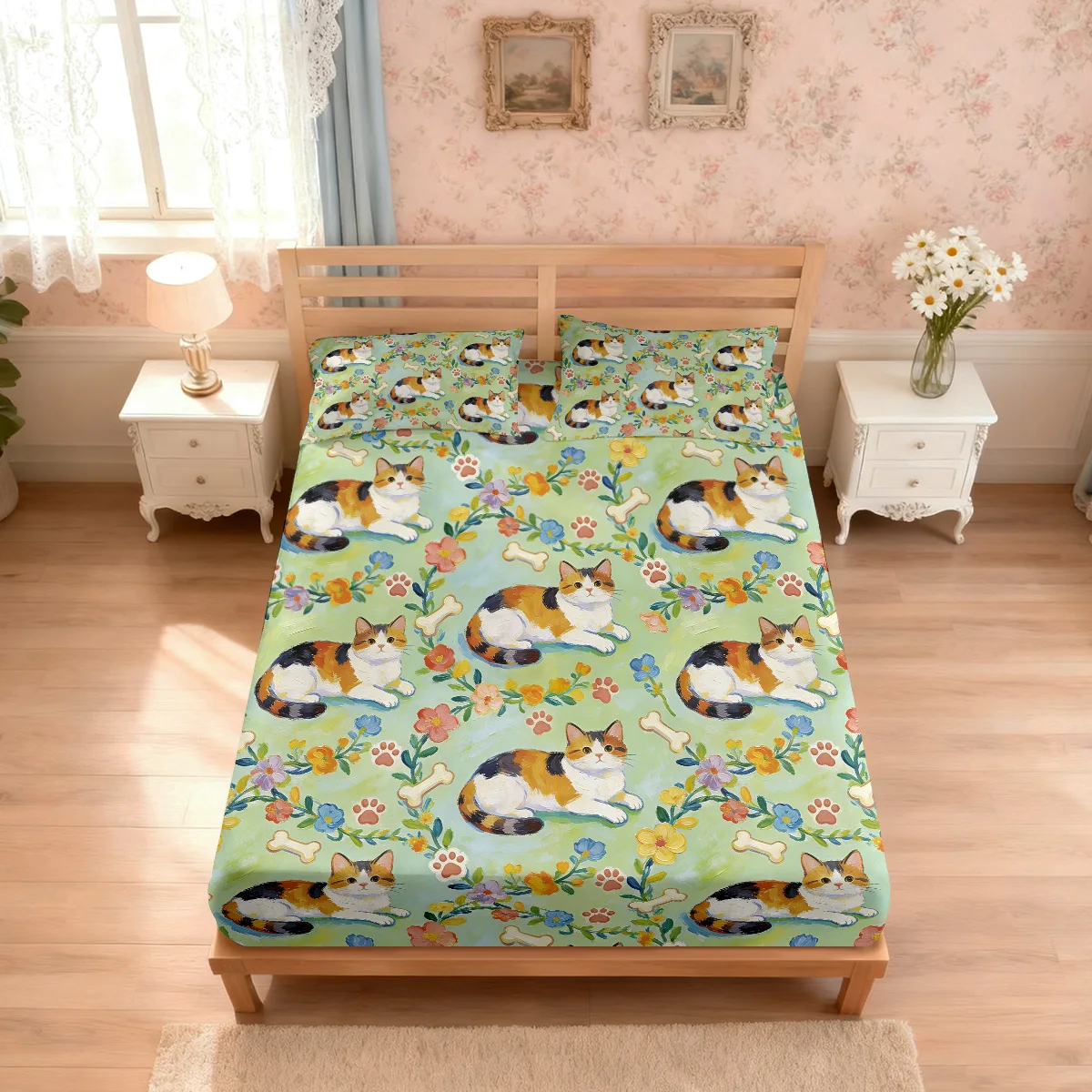 3pcs Floral Kitten Printed Coreless Bed Sheet Set, Multi Size Soft Bed Cover, Bedroom Bedding Decoration, Machine Washable