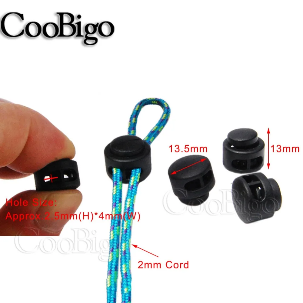 50pcs 2mm Hole Plastic 13.5*13mm Paracord Cord Lock Clamp 2 hole Toggle Clip Stopper For Rope Garment Accessories Black & White