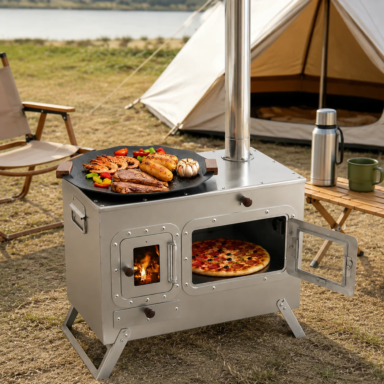 Portable Camping Wood Stove with Oven & Chimney, Stainless Steel Outdoor Stove for Cooking Heating, Tent Stove for Hiking Picnic
