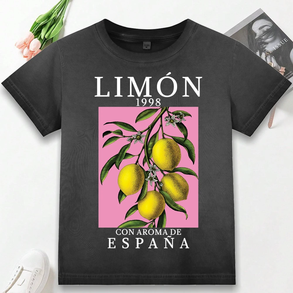 

Lemon Fruit 1998 Espana Print Women Washed T Shirt Summer Gradient Short Sleeve Fashion Cotton T-Shirt Woman Slim Sportswear