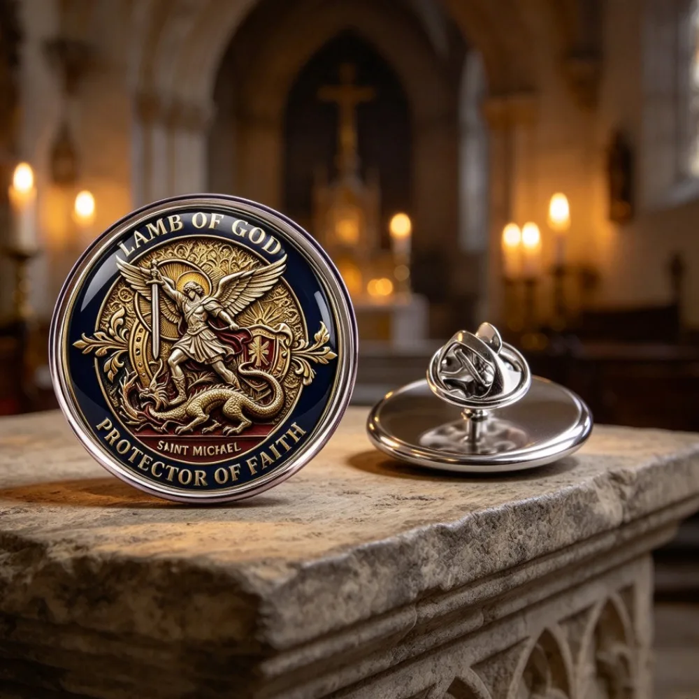 6-20Pcs 2DFLAT Saint Michael Lapel Pin, Lamb of God Faith Religious Printed Brooch, Angel Dragon‑Slaying Art Badge for Wear Gift