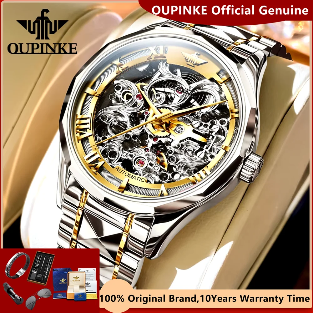 OUPINKE High Quality Hollow Out Automatic Watch for Men Tungsten Steel Strap Sapphire Mirror 5Bar Waterproof Watch Reloj Hombre