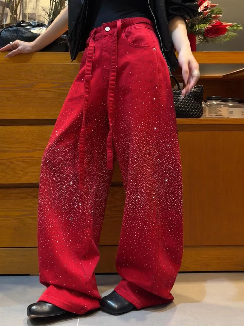 Sparkling Hot Diamond Jeans Starry Design Light Luxury Fashion Wide Leg Pants For Women Spring Loose Fit Versatile Trousers