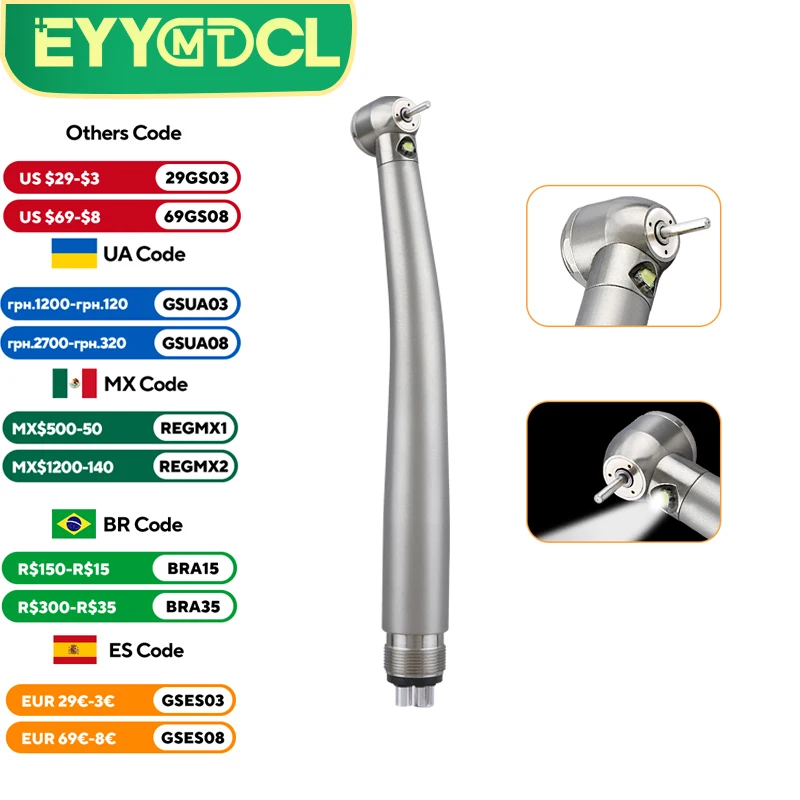 Dental LED High Speed Handpiece Dentist Tips E-Generator B2 M4 Hole Push Button Stainless Steel High Rotation Dental Handpiece