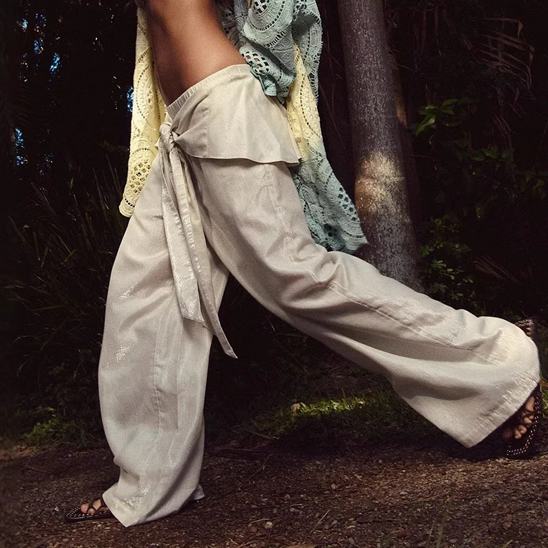 2026 Autumn Fashion Solid Color Wide Leg Pants Chic Strap Hot Gold Satin Outdoor Date Daks Bohemian Loose Elastic Waist Trousers