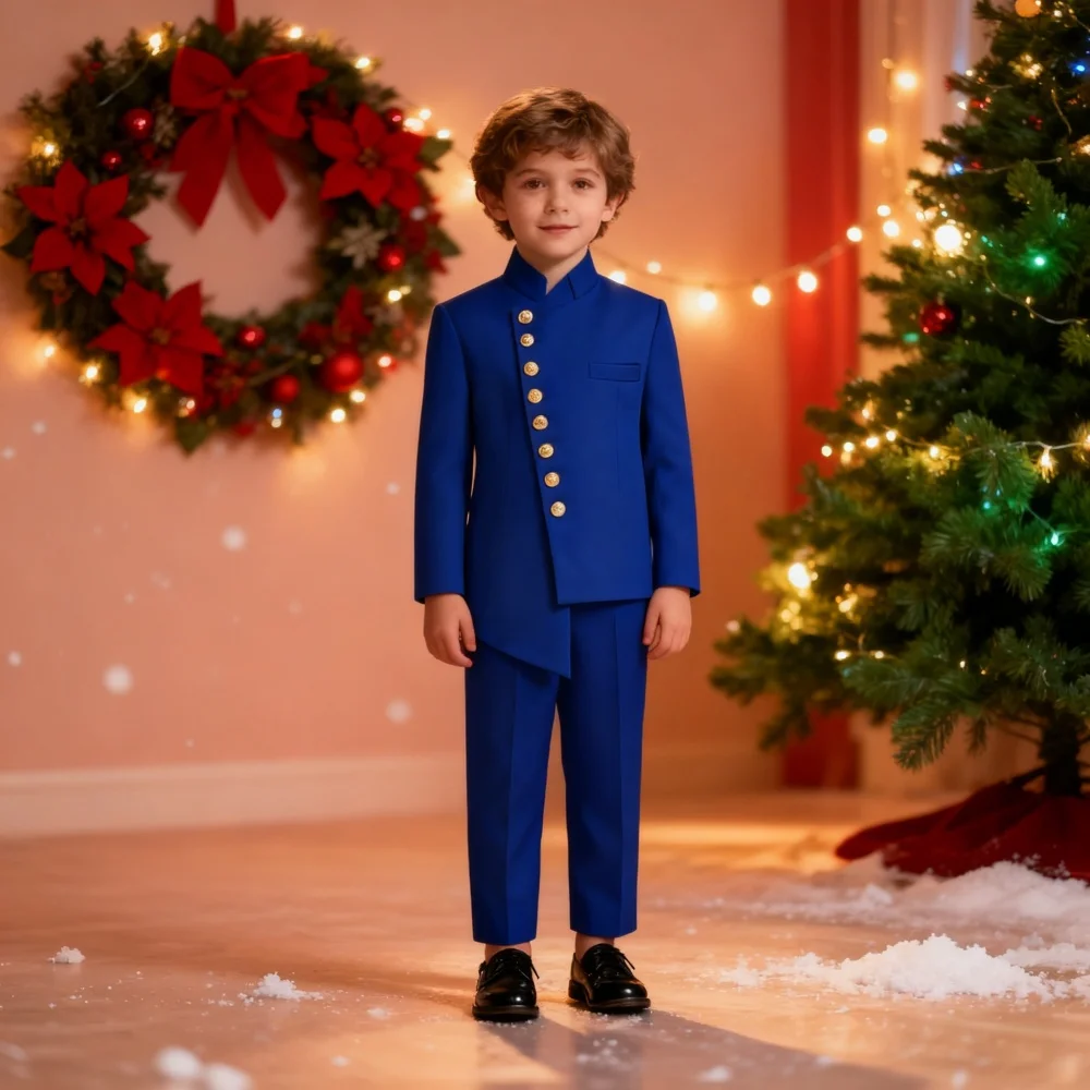 Vibrant Blue Kids Formal Suit Set Holiday New Collection 2 Piece Blazer Trousers Outfit Eye Catching Boys Tuxedo For Christmas