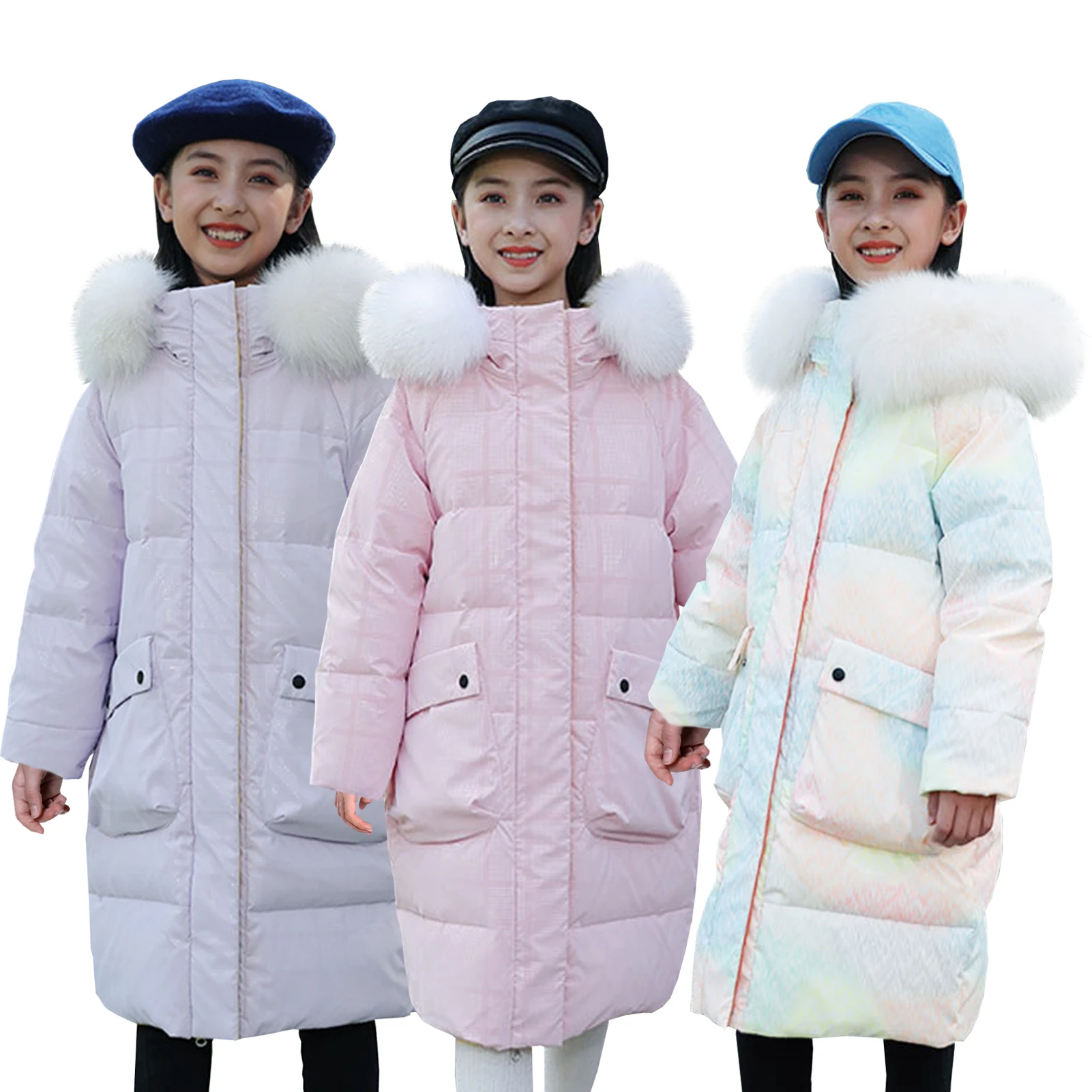 Long-Style Girls Down Coat,Winter Warm Children's Puffer Parka,Fur Hood Letter Print Windproof Kids Down Jacket,Teenager Outwear