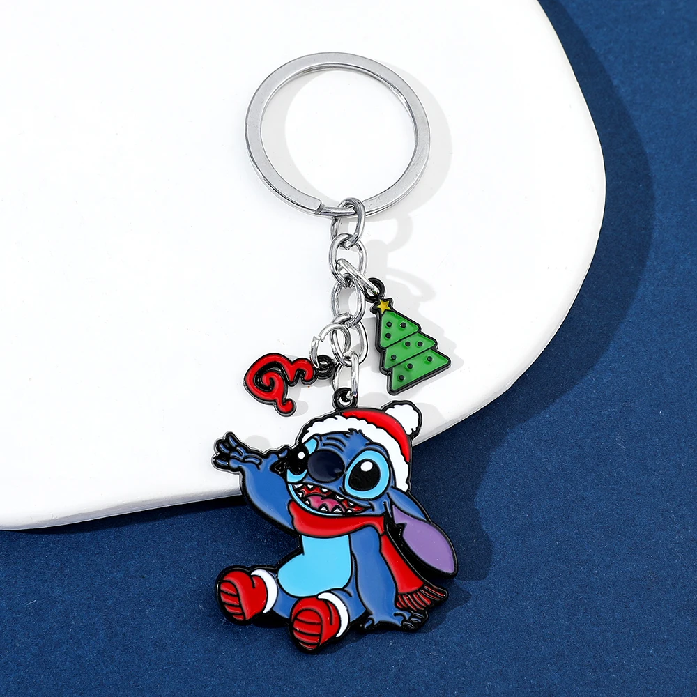 Christmas Stitch Metal Keychain Disney Cartoon Lilo & Stitch Enamel Pendant Key Chain for Bag Ornament Keyrings Car Key Holder