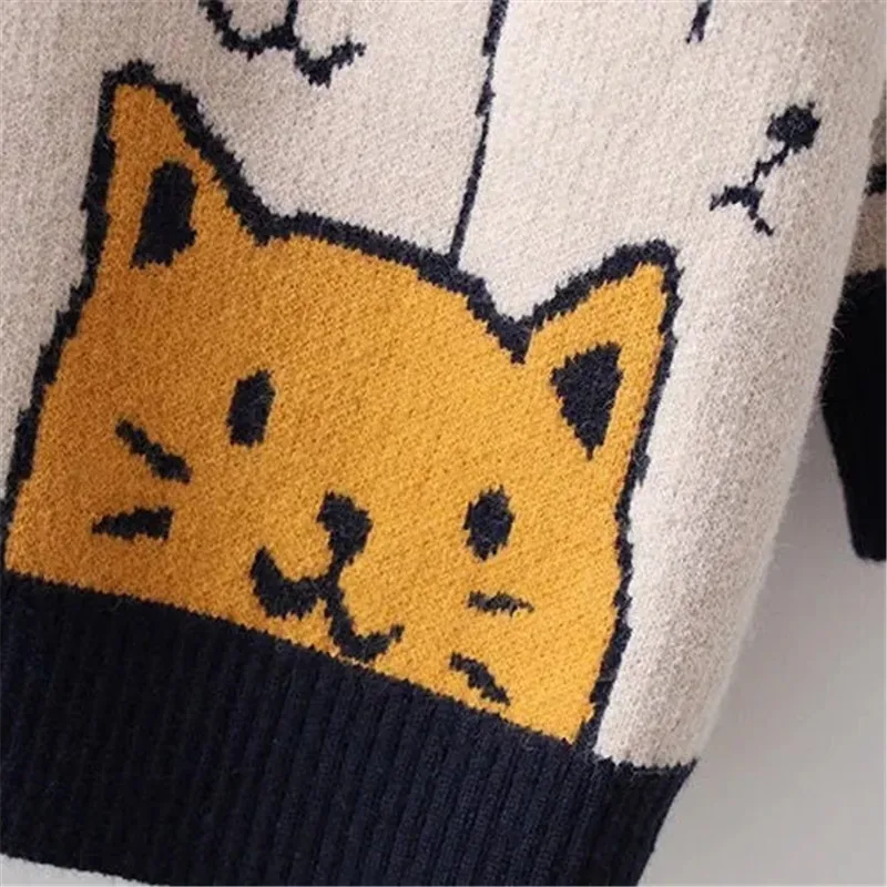 Cartoon Cat Knitted Cardigans Sweater 2024 Spring Autumn Womens Harajuku Sweater Coat O-Neck Long Sleeve Ladies Cardigan Jacket