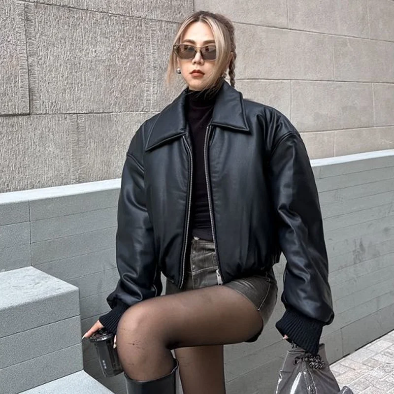 Winter Parka Coat Women's Jacket Thick Warm Women Fashion Black PU Leather Coats Women Elegant Zipper Faux Leather Jackets Tops