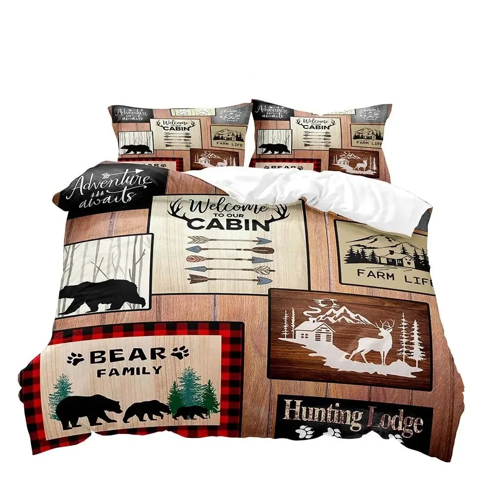 

Farmhouse Duvet Cover Set,Black Bear Deer Elk Moose Forest Animal Wildlife Lodge Rustic Bedding Set King,Sage Green Brown Plaid