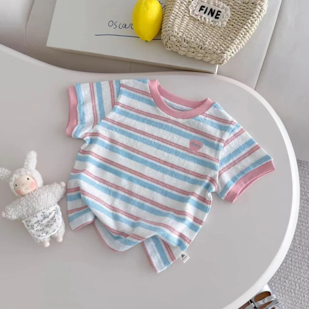 Cute Striped Print Kids T-shirt Breathable Oversized Crop Tops Korean Style Heart-shaped Embroidery Short Sleeved Summer