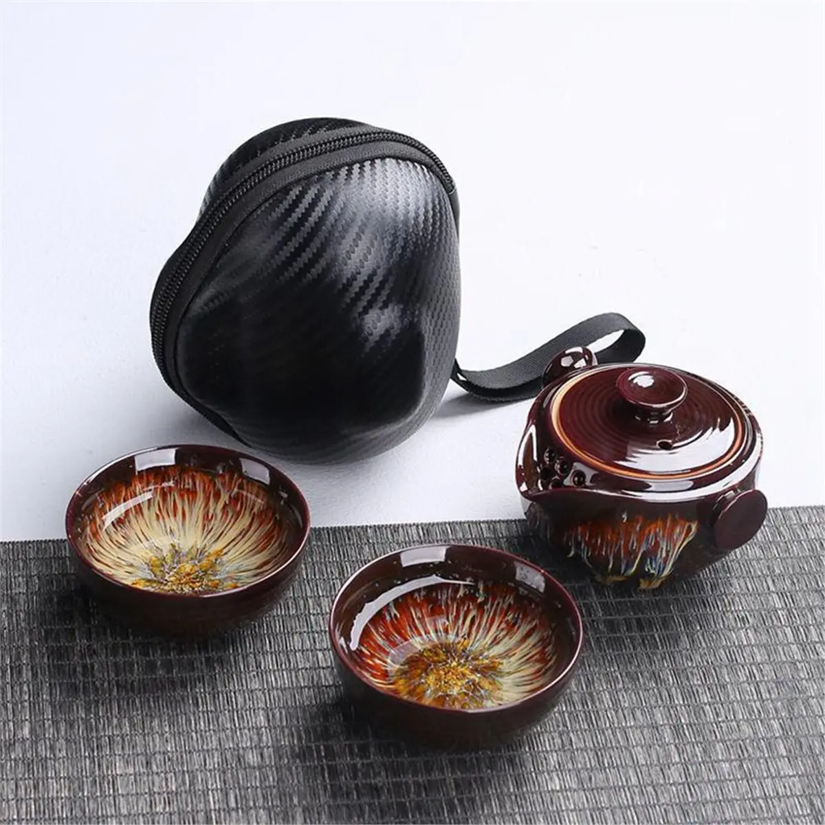 Portable Kiln Change Travel Tea Set, Teaware Porcelain with 1 Pot and 2 Cups for Outdoor Use