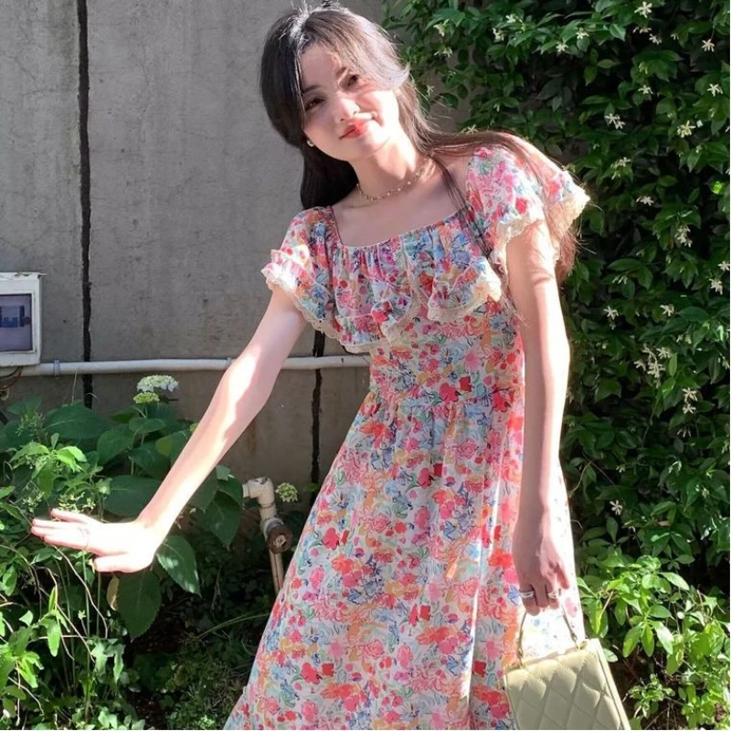 French Heavy Industry Floral Square Collar Lotus Leaf Hem Dress Women Summer  Petite girls Slim A-line Mid length version