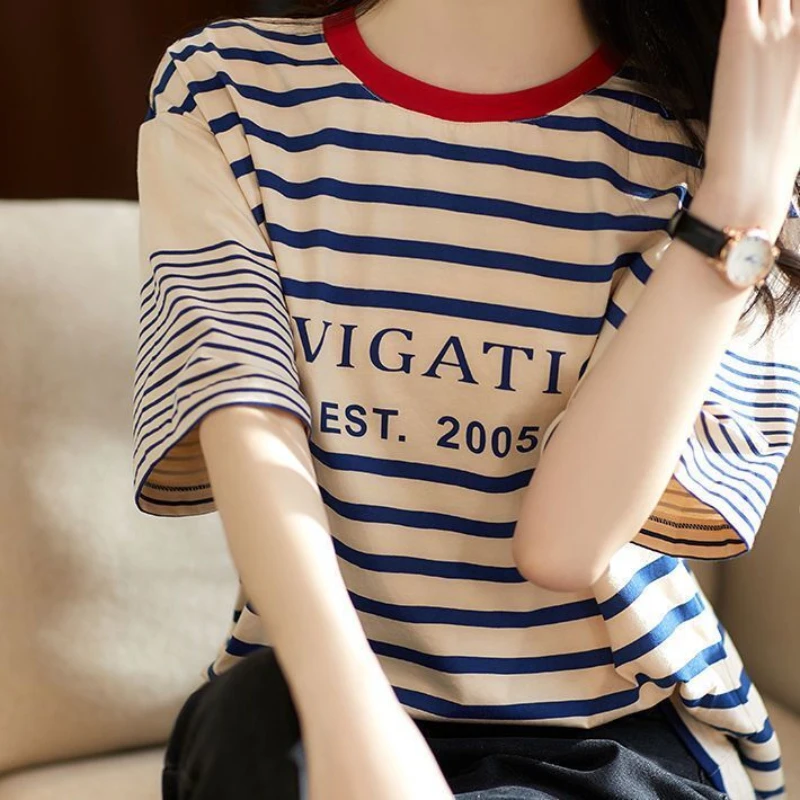 Spring Summer New O-Neck Letter Printing Short Sleeve Cotton Striped T-shirt Women\'s Clothing Loose Fashion Casual Tops