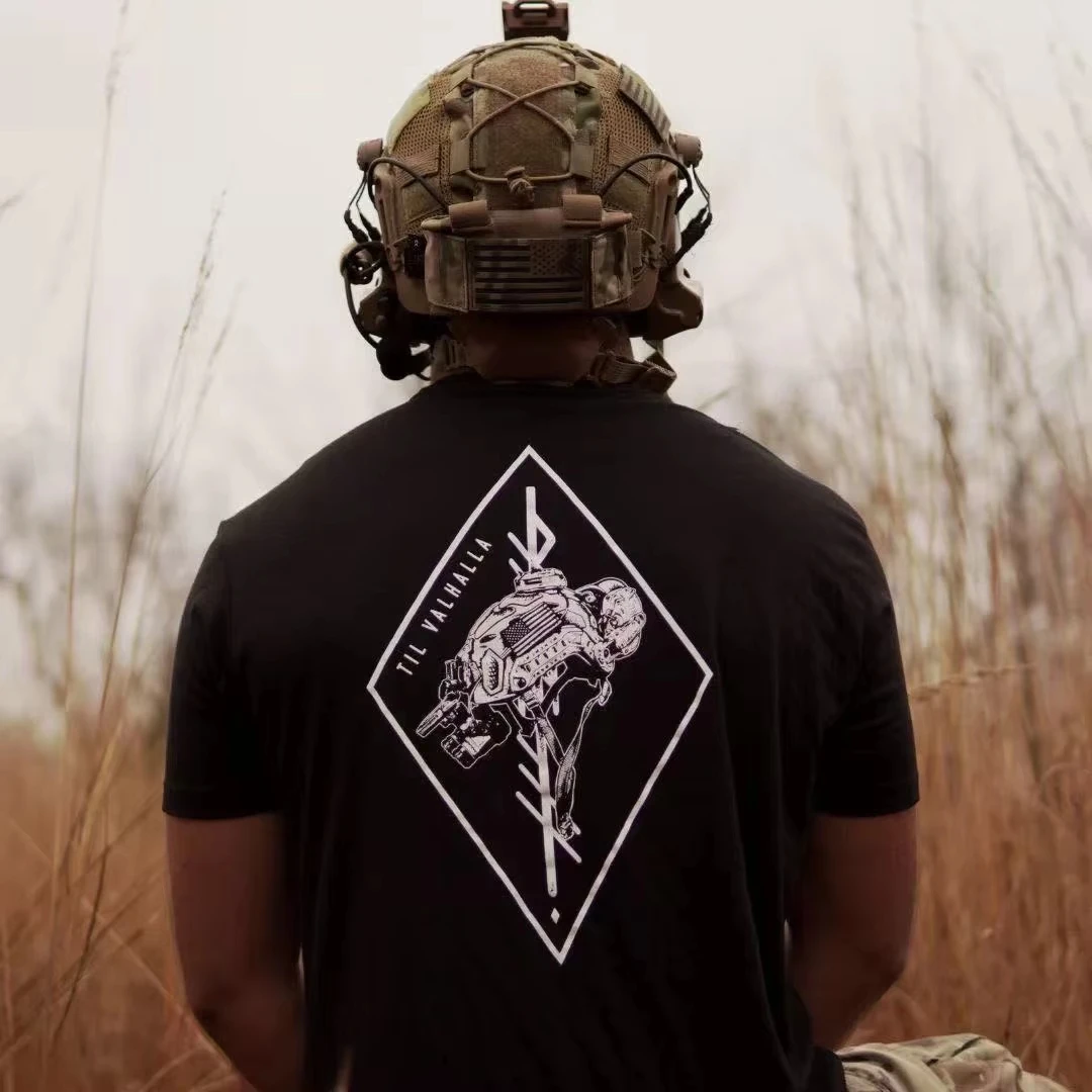 Military Style Tactical Trend Brand Til Valhalla Geometric Diamond T-Shirt Men Women Graphic Tee Cotton Summer Streetwear
