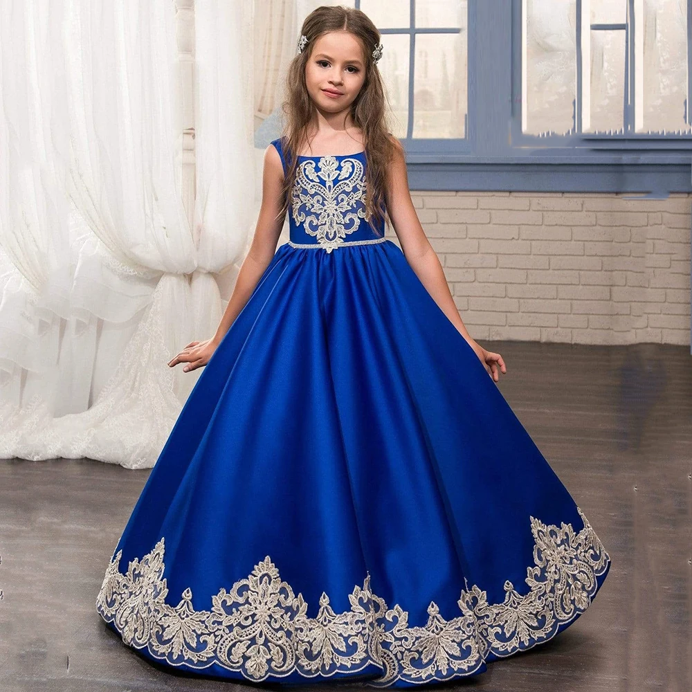 Elegante Quadratischen Ausschnitt Royal Blau Blume Mädchen Kleider Bodenlangen A-line Appliqued kinder Party Kleid Satin Formale Prom Tragen