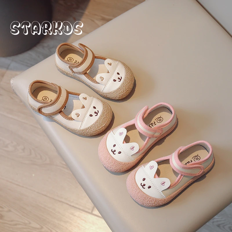 

Kids Cute Rabbit Emroidery Canvas Shoes 2023 Spring New Pink Ballet Flats Baby Child Soft Thick Sole Cloth Mary Jane Zapatos