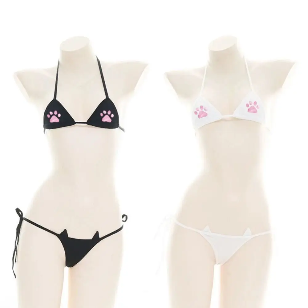 

Fashion Lace Up Bra Panties Set Bikini Cosplay Two Pieces Swimwear Beachwear Clothing Cat Paw Lingerie Swim