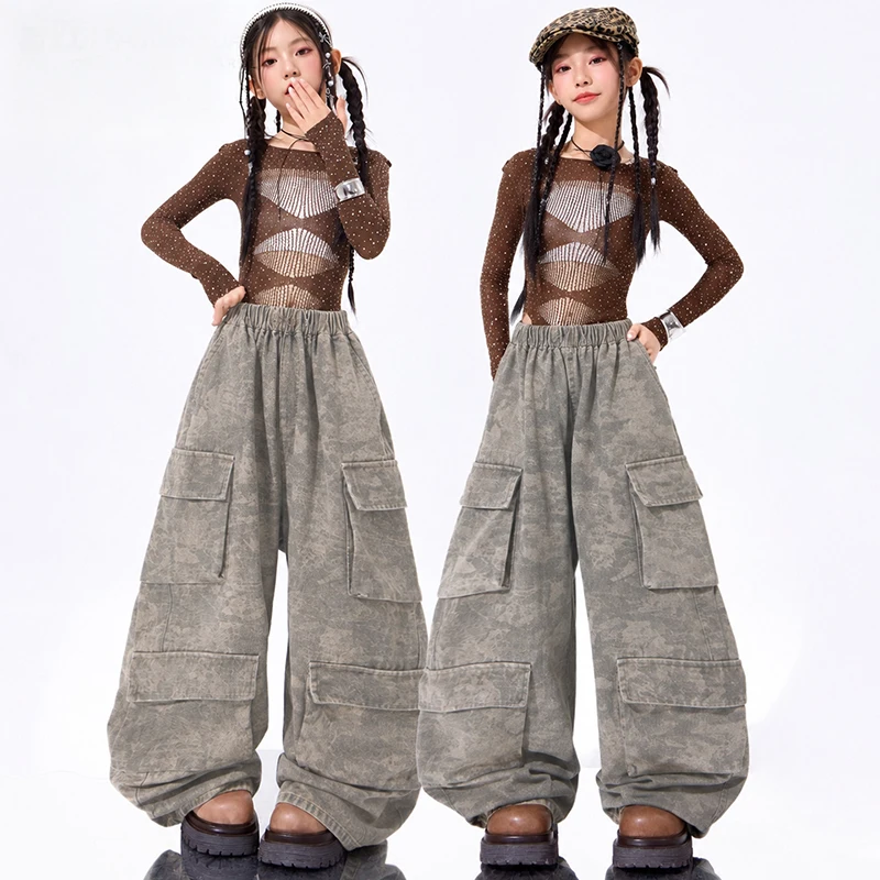 Girls Jazz Dance Costume Kpop Show Stage Clothing Long Sleeve Top Bodysuit Baggy Pants Kid Street Dance Performance Outfit 4012