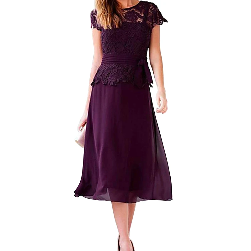 Customized Mother Of The Bride Dress Wedding Party Gown Formal Occasion Chiffon Sash Belt A-Line Grape Plum Tea Length Lace Top