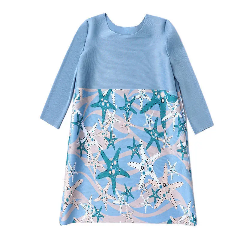 Pleated Spliced Starfish Print Dress Spring/Summer Fashion Round Neck A-line dress  vestidos de mujer  LOOSE