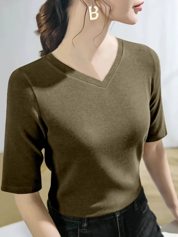 

Женская футболка-миди с V-образным вырезом из модала, эластичная, облегающая, универсальная, летняя, новая, простая, однотонная, базовая