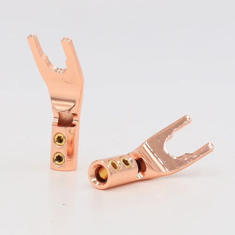 Sy1525g 4 pces cobre puro y spade conector plug, ródio chapeado garfo conectores plug cabo conector plug cabo alto-falante