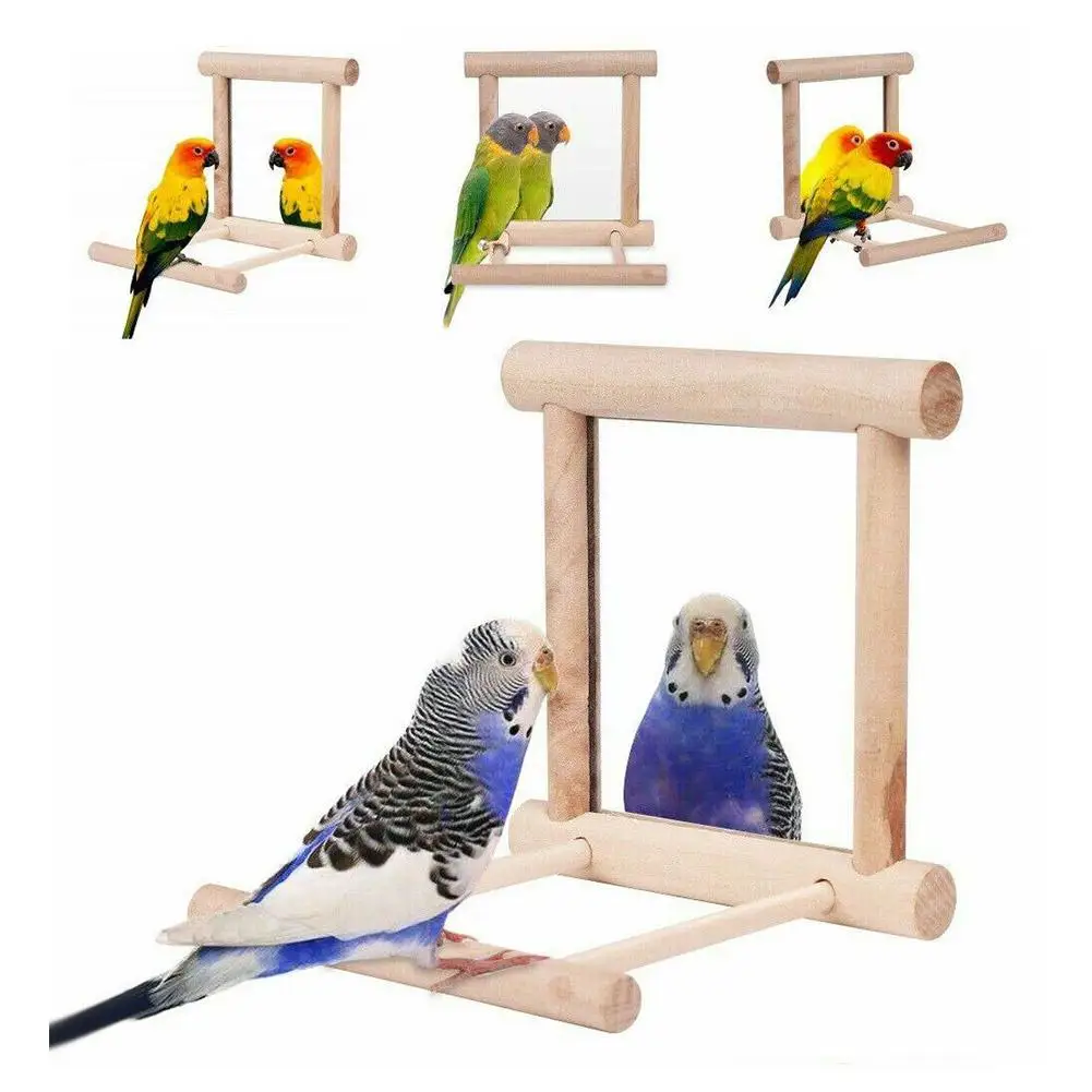 Bird Mirror Wooden Hanging Swing Interactive Play Toys for Parrot Budgies Parakeet Cockatiel Conure Lovebird Cage Accessories