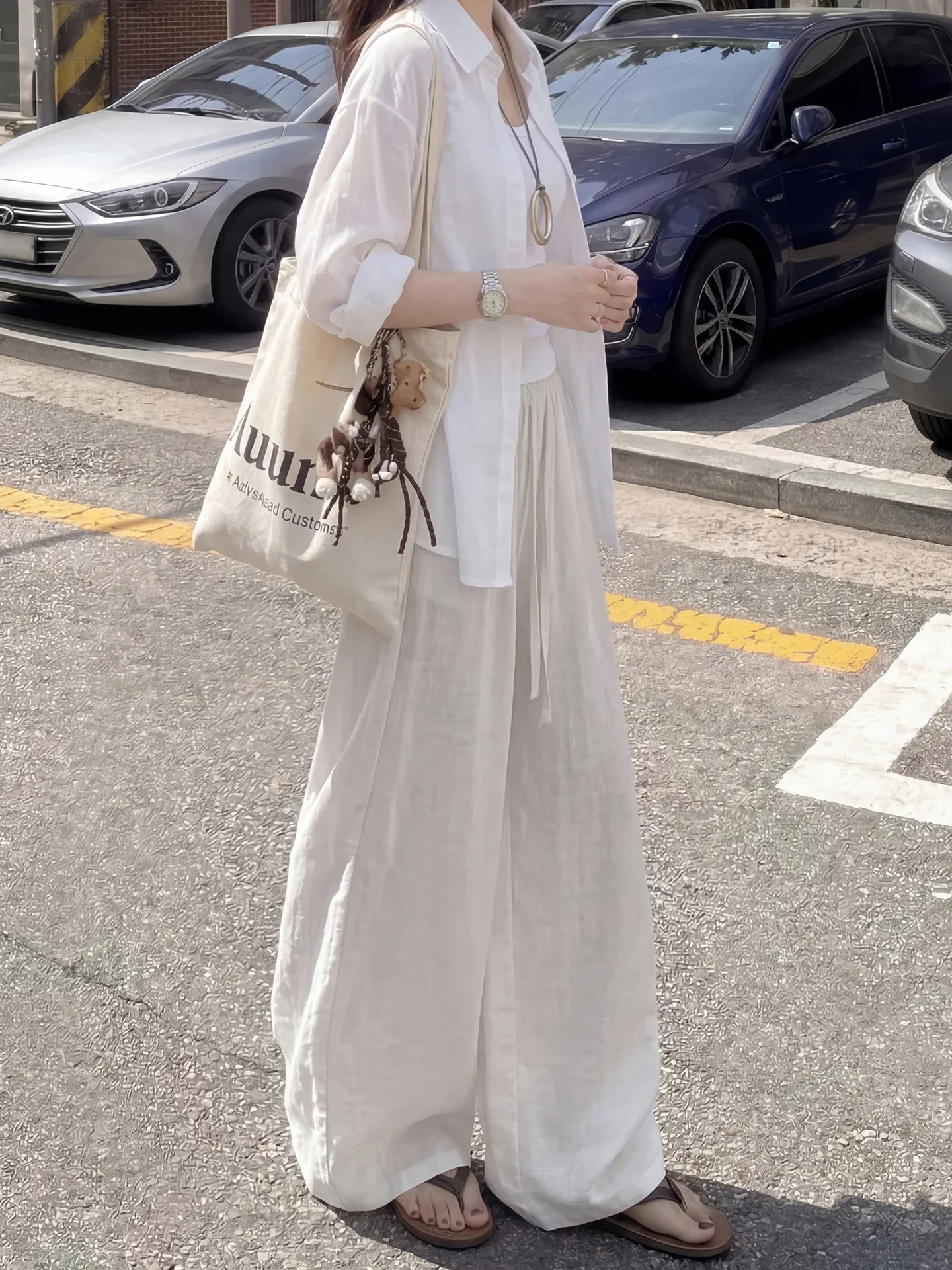White Linen Blend Wide Leg Pants Women Summer Thin Breathable Casual Trouser Woman Lightweight Loose Elastic Waist Long Pants