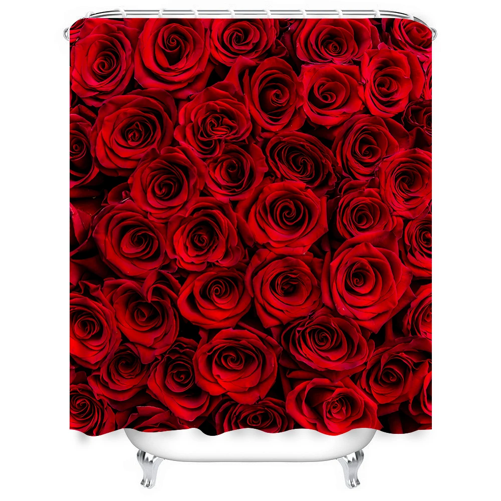 1pc Red Rose Shower Curtain Bathroom Partition Decorative Curtain Machine Washable Rose Print Window Privacy Curtain