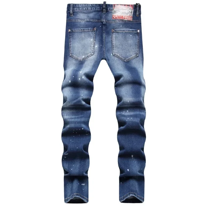 2024 European and American Men's Distressed and Splashed Paint Simple and Versatile Slim-fit Skinny Mid-rise Jeans.