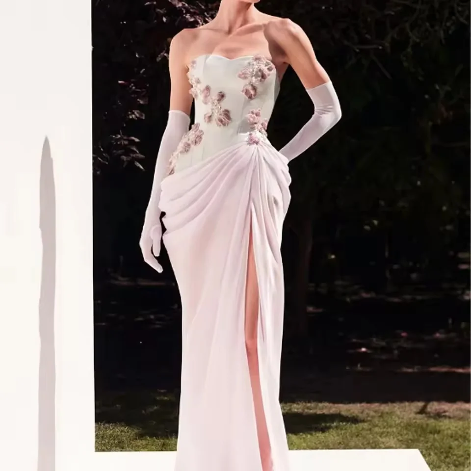 

Customized 3D Flowers Prom Dresses High quality Fashion Retro Jersey Applique Pleat Ruched Mermaid Long Dresses With Slit