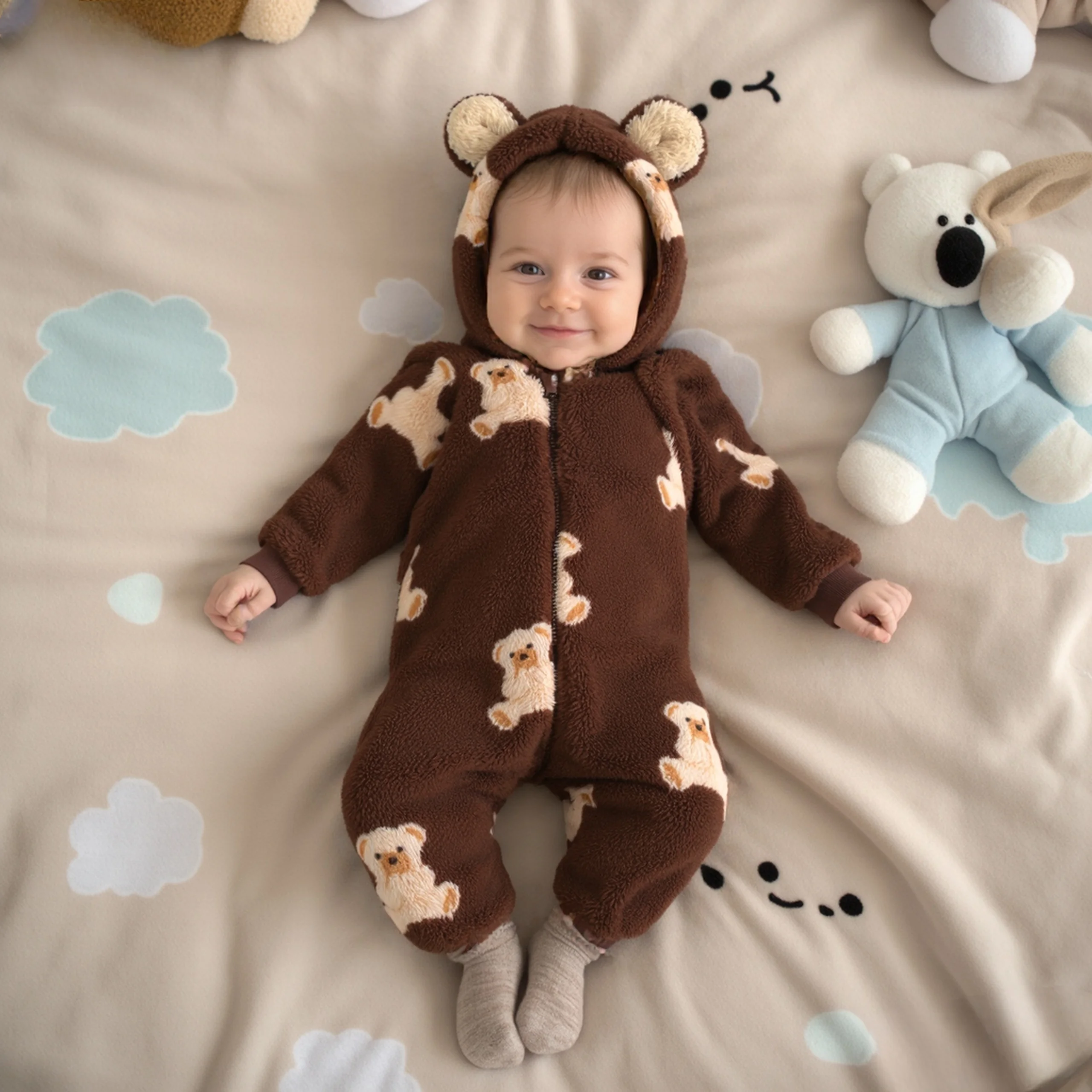 

Sanlutoz, зимние модные милые детские комбинезоны на молнии с длинными рукавами, теплая одежда с капюшоном и утолщенным принтом