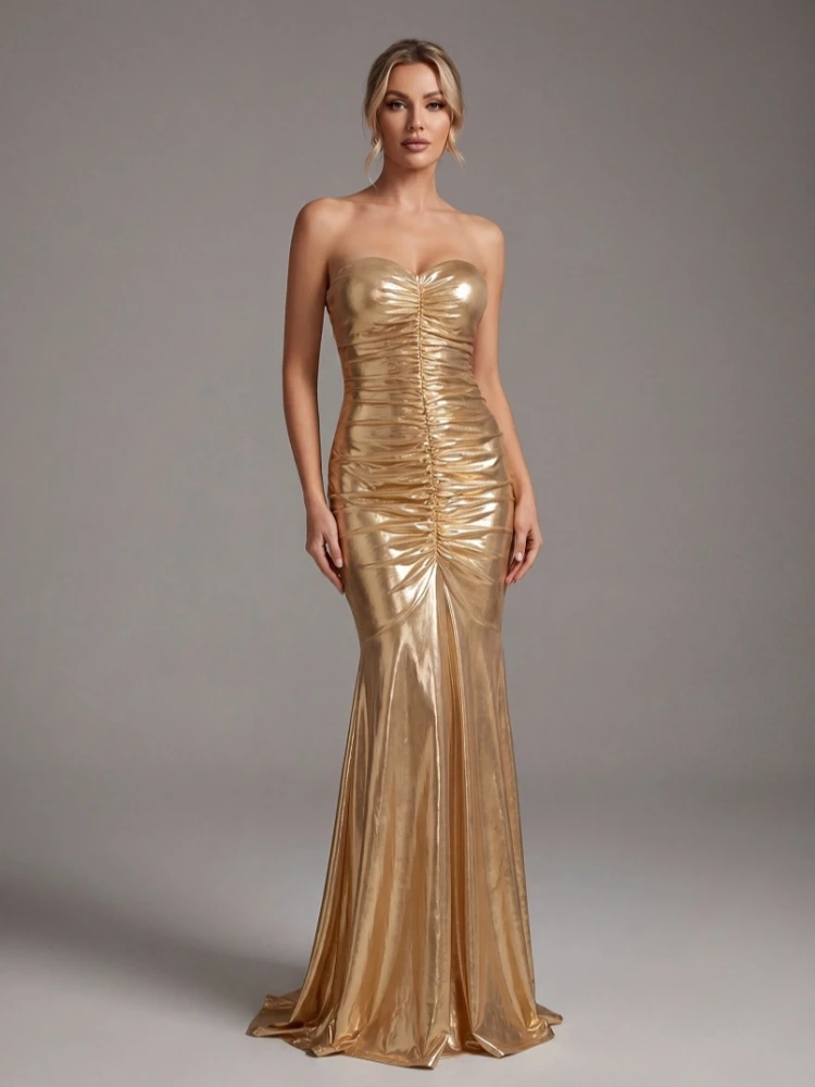 

Sexy Strapless Ruched Design Maxi Mermaid Dress Women Gold Sleeveless Backless Folds Slim Dresses Elegant Evening Party Gowns