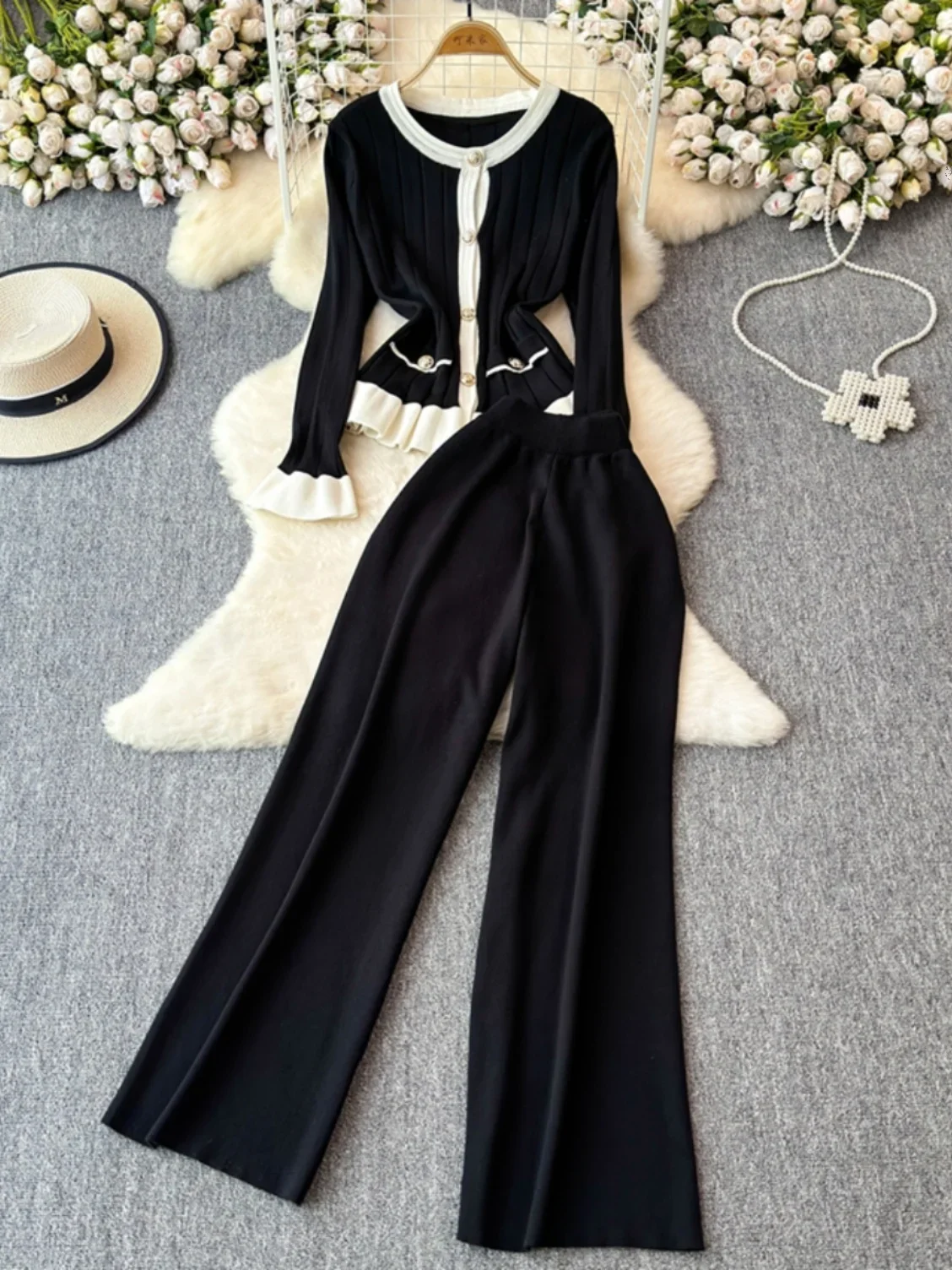 Women Elegant Knitted Two Piece Suit Autumn Retro Long Sleeved Round Neck Loose Knit Sweater High Waisted Wide Leg Pants Suits