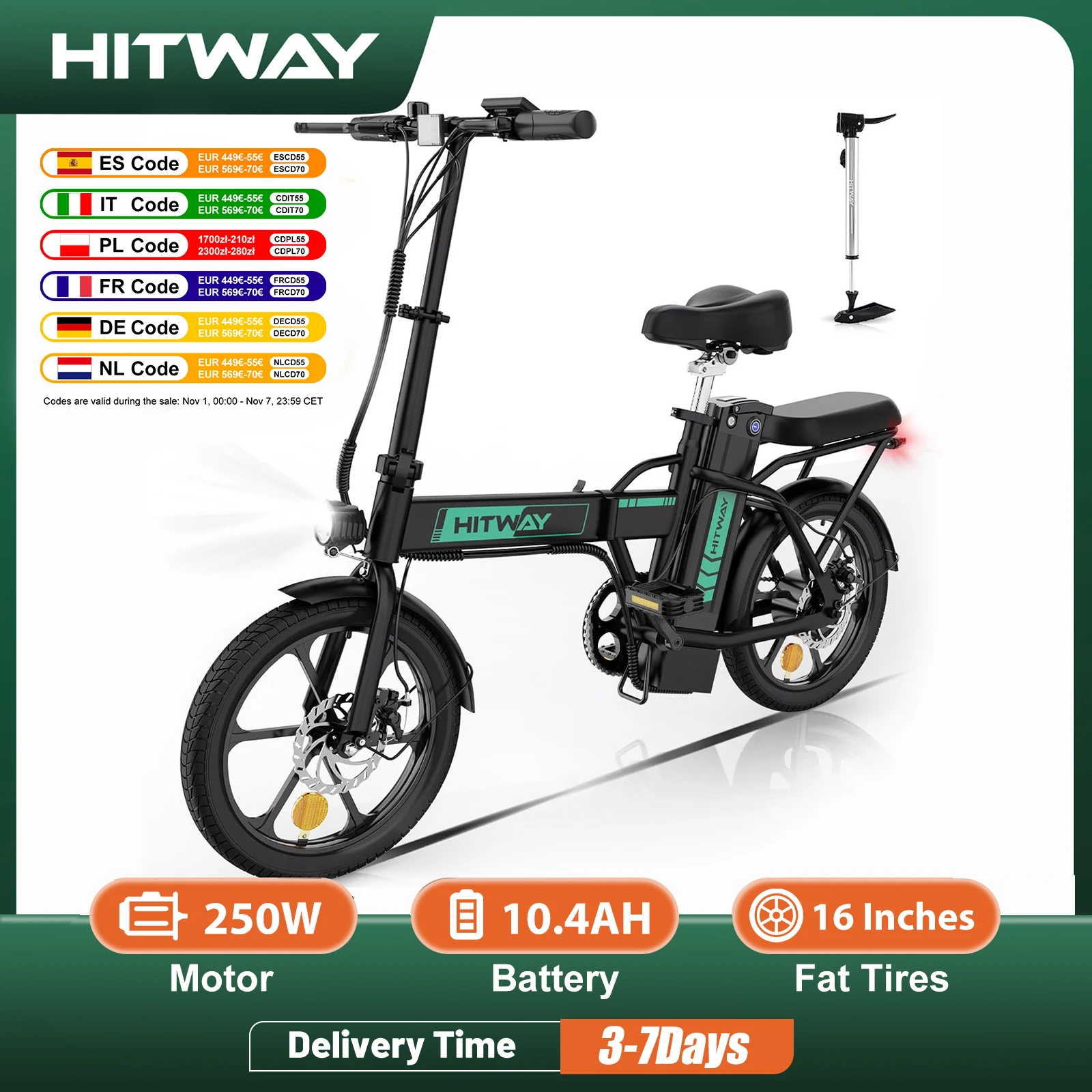 HITWAY Bici elettrica e-bike pieghevole bici da città Batteria al litio 36V/10,4Ah, chilometraggio elettrico può raggiungere 35-70k
