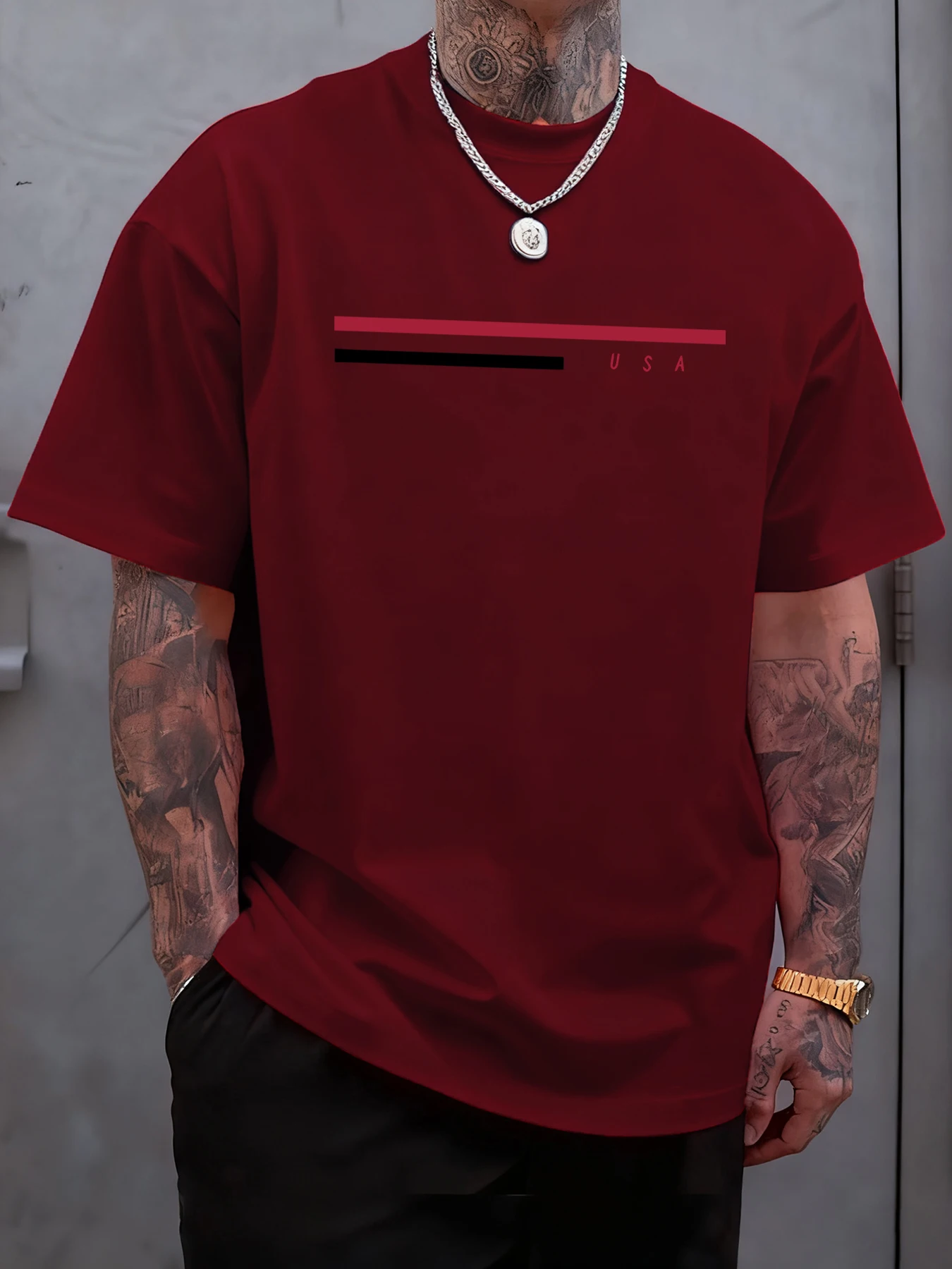 USA Simple Line Print Herren T-Shirt Lässiges Hip Hop Streetwear Oversize Crewneck T-Shirt Baumwolle Mehrfarbig Kurzarm All-Match