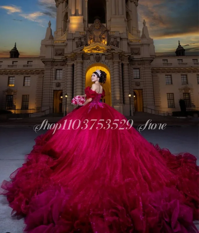 Red Princess Quinceanera Dresses 2024 Luxury Off Shoulder Lace Appliques Cathedral Train Mexico 16 year old vestidos de festa