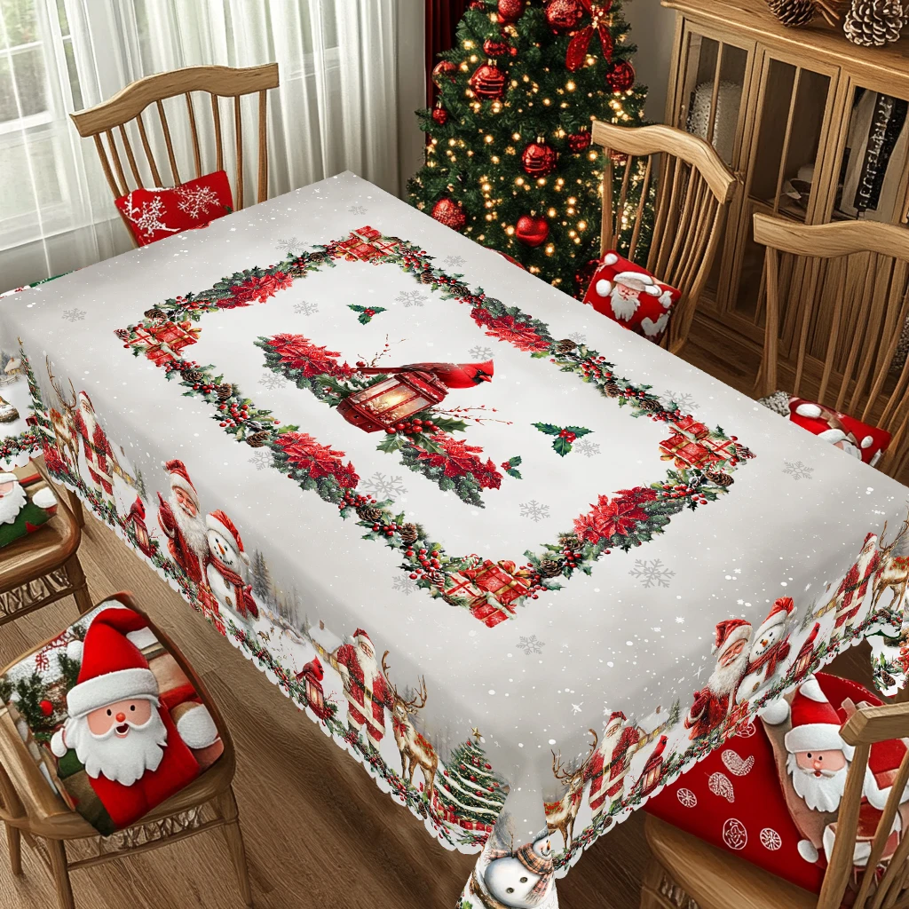1Pc Merry Christmas Theme Printed Tablecloth,Farmhouse Style,Santa,Snowman,Snow Scene Pattern Design,For Christmas,New Year Party,Party Decoration,Kitchen Accessories,Room and Outdoor Decoration,Gift for Friends