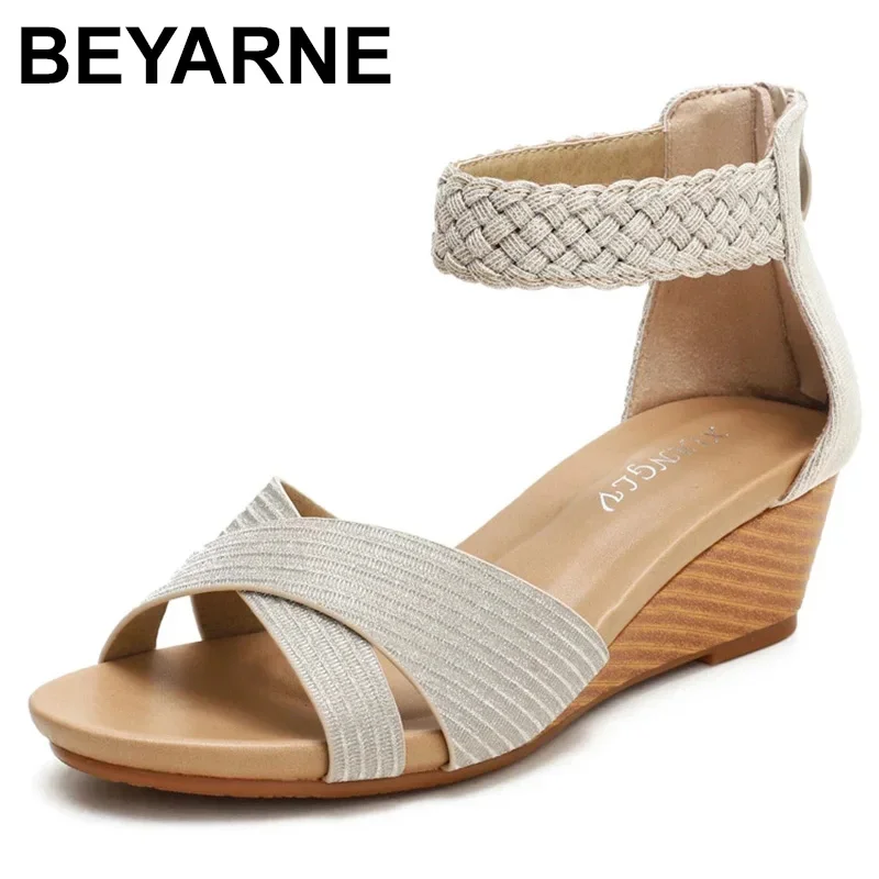 BEYARNE Women Weave Wedge Shoes Fashion New Zipper Ladies Sandals Fish Mouth Casual Beach Sandals Golden Roman Shoes Sandalias B