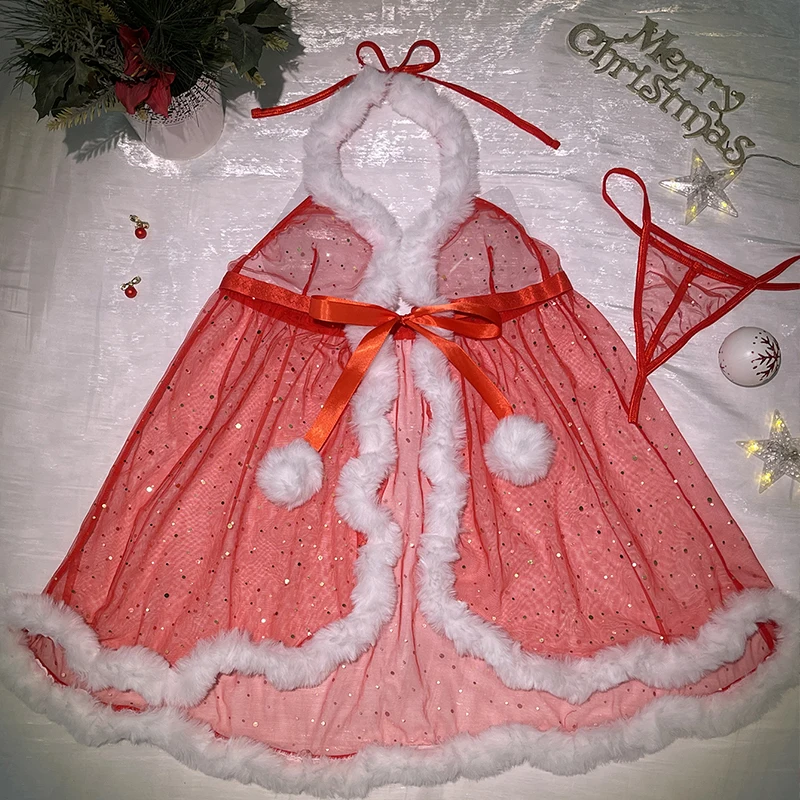 

Прозрачная женская рождественская сетка с вырезами и открытыми плечами, юбка на бретелях, комплект нижнего белья, сексуальное пижамное платье, эротический костюм