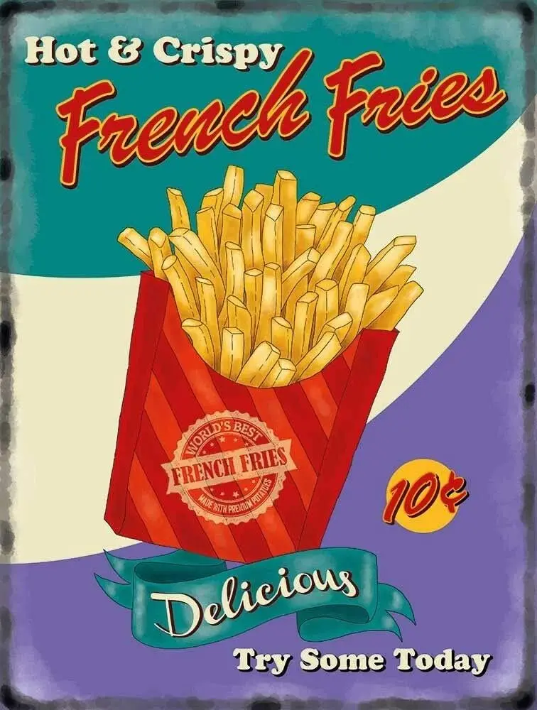 Vintage Style French Fries Chips 50s Diner Home Wall Decor Metal Tin Sign  for Kitchen Bar Club Pub Restaurant