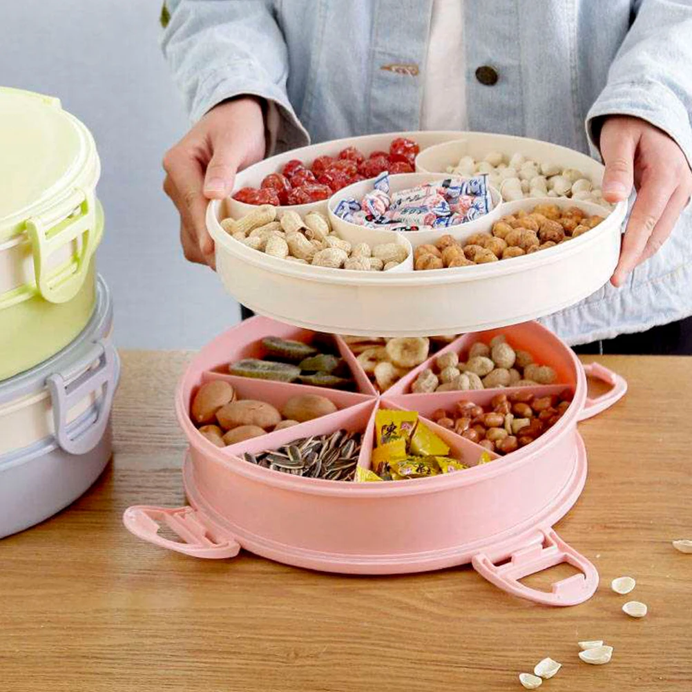 

Plastic Snack Plate Dry Fruit Dish Wavy Brim Candy Color Double Layer Sealing Cover Portable Serving Tray For Cheese
