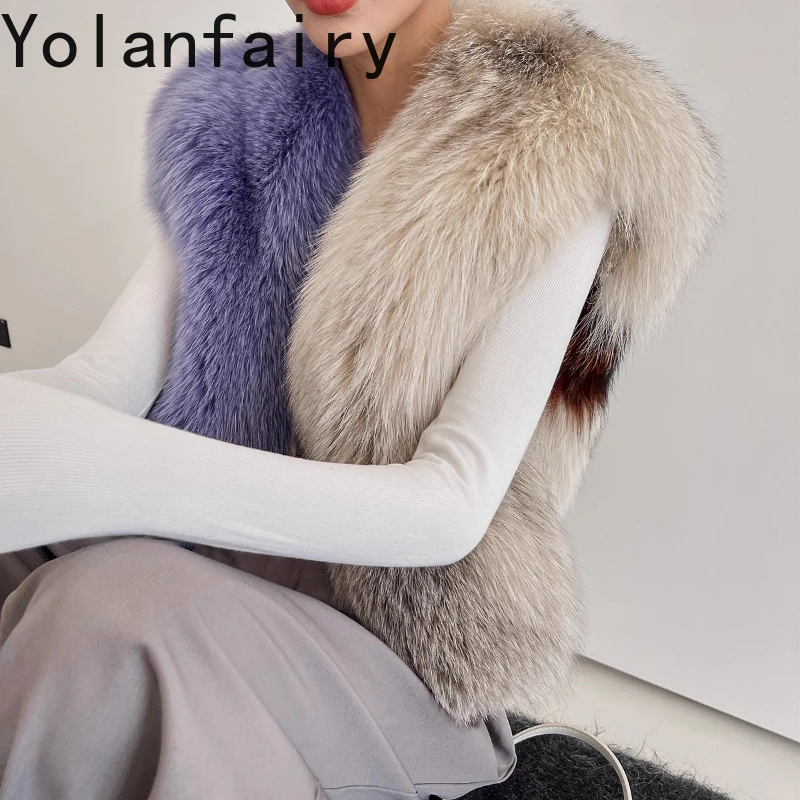 YOLANFAIRY بلوزة نسائية مستوردة من فرو الثعلب والمنك برقبة على شكل حرف v بتصميم قصير سترة فرو على طراز شارع العليا Csба2025